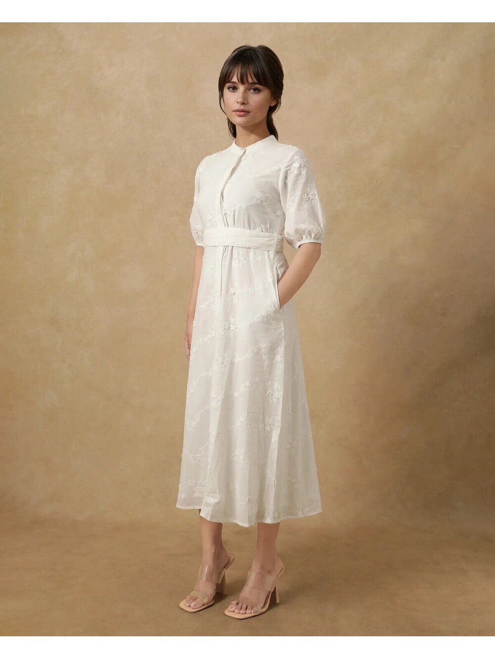 Rareism Caledon White Embroidered Midi Dress Size Large with Puff Sleeves